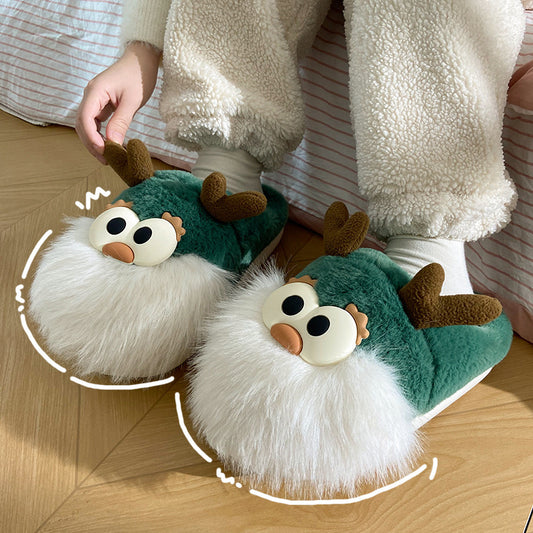 Cute Cartoon Christmas Deer Cotton Shoes Winter Indoor Floor Home Slippers Half-covered Heel Warm Plush Shoes Women