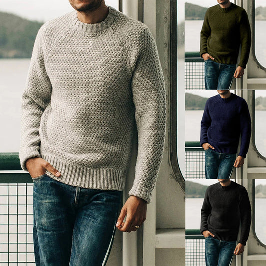 Men's Pullover Sweater Winter Casual Solid Color Round Neck Knitted Top Clothing