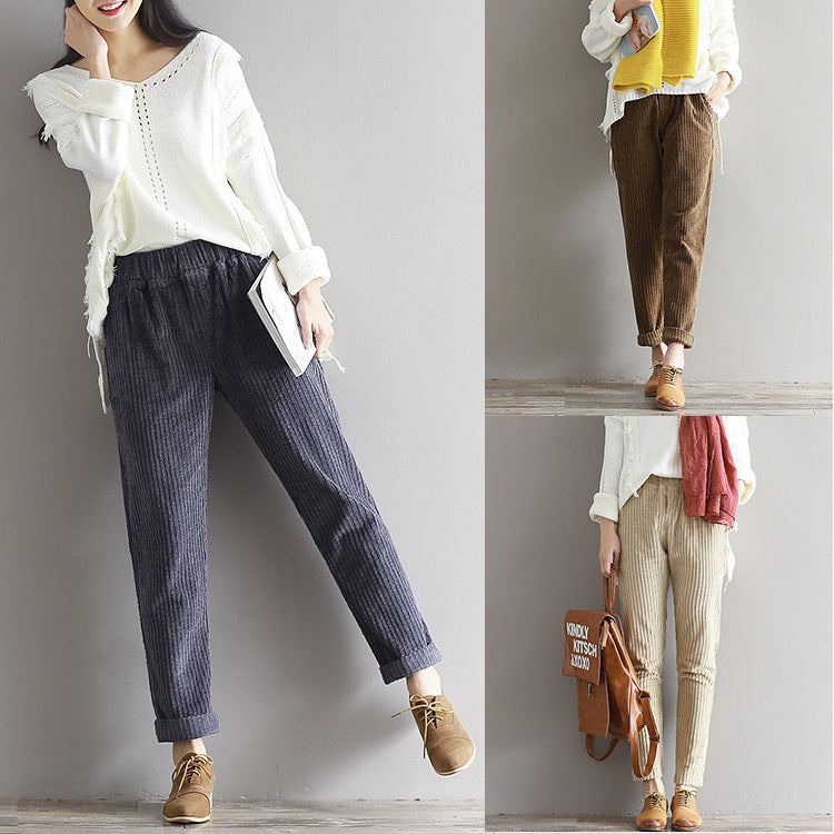 Back view of Women's Art Fan Xian Corduroy Loose Pants