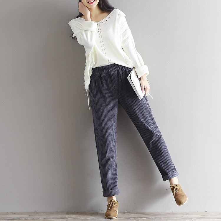 Close-up of Women's Art Fan Xian Corduroy Loose Pants, showcasing corduroy texture